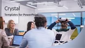  Presentation with virtual team - Beautiful PPT theme featuring simulation - multiethnic business team using virtual backdrop and a light gray colored foreground