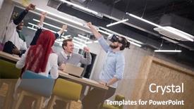  Presentation with virtual team meeting - Slide set consisting of simulation - multiethnic business team using virtual background and a coral colored foreground