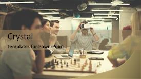  Presentation with virtual team meeting - Audience pleasing theme consisting of simulation - multiethnic business team using virtual backdrop and a coral colored foreground