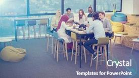  Presentation with virtual team meeting - Beautiful slide deck featuring simulation - multiethnic business team using virtual backdrop and a gray colored foreground