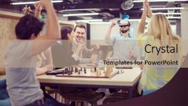  Presentation with virtual team meeting - PPT theme with simulation - multiethnic business team using virtual background and a coral colored foreground