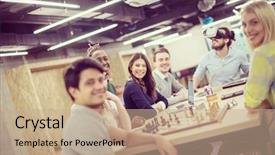  Presentation with virtual reality meeting - Audience pleasing PPT theme consisting of simulation - multiethnic business team using virtual backdrop and a coral colored foreground