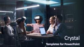  Presentation with virtual team - Cool new presentation with simulation - multiethnic business team using virtual backdrop and a wine colored foreground