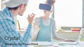  Presentation with virtual reality - Audience pleasing slide deck consisting of simulation learning - busy startup partners gesturing hands backdrop and a  colored foreground