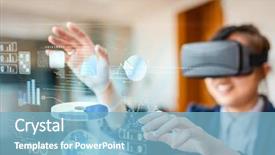  Presentation with virtual learning - Colorful presentation theme enhanced with simulation learning - digital composite of woman wearing backdrop and a light blue colored foreground