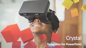  Presentation with virtual reality - PPT theme featuring simulation learning - digitally generated grey cubes floating background and a coral colored foreground