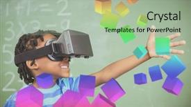  Presentation with virtual reality - Colorful slide set enhanced with simulation learning - digitally generated grey cubes floating backdrop and a  colored foreground