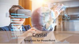  Presentation with virtual reality - Slides with simulation learning - earth globe against young woman background and a coral colored foreground