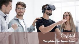  Presentation with virtual reality rehabilitation - Presentation theme enhanced with simulation learning - man wearing virtual reality glasses background and a violet colored foreground