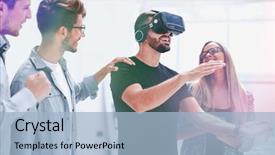  Presentation with virtual reality - Audience pleasing PPT theme consisting of simulation learning - man wearing virtual reality glasses backdrop and a light blue colored foreground