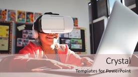  Presentation with virtual learning - Beautiful presentation featuring simulation learning - smiling girl typing on laptop backdrop and a coral colored foreground