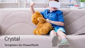  Presentation with virtual reality rehabilitation - Cool new slides with simulation learning - young little boy with vr backdrop and a light gray colored foreground