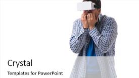  Presentation with virtual reality - Colorful PPT theme enhanced with simulation learning - young man wearing virtual reality backdrop and a white colored foreground