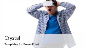  Presentation with virtual reality - Audience pleasing PPT theme consisting of simulation learning - young man wearing virtual reality backdrop and a white colored foreground