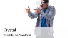  Presentation with virtual learning - Slide set enhanced with simulation learning - young man wearing virtual reality background and a white colored foreground