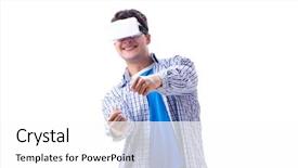  Presentation with virtual reality - Slide set consisting of simulation learning - young man wearing virtual reality background and a white colored foreground