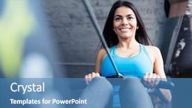  Presentation with gym out and back - Slide set consisting of simulation training - happy charming woman working background and a  colored foreground