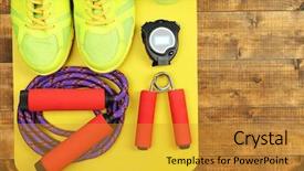  Presentation with sports shoes - Amazing presentation design having simulation training - shoes and sports equipment backdrop and a gold colored foreground