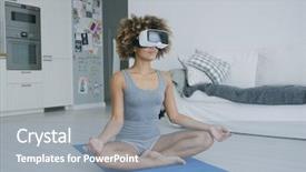  Presentation with virtual reality - Colorful PPT theme enhanced with simulation training - sportive young woman sitting backdrop and a gray colored foreground