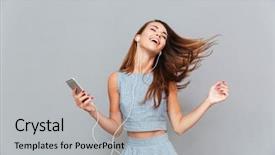  Presentation with listening woman - Slide set featuring sing dance - happy carefree young woman dancing background and a light gray colored foreground