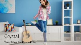  Presentation with music headphones - Slide deck featuring sing dance - happy young woman with headphones background and a light gray colored foreground