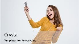  Presentation with listening woman - PPT theme featuring sing dance - portrait of a happy woman background and a sky blue colored foreground