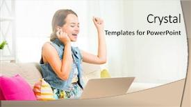  Presentation with computer music - Cool new PPT theme with sing dance - pretty teenage girl sitting backdrop and a sky blue colored foreground