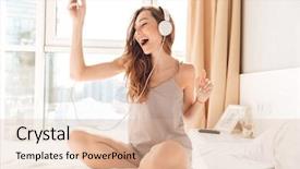  Presentation with listening woman - Presentation enhanced with sing dance - young happy woman listening music background and a lemonade colored foreground