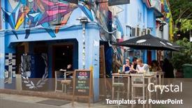  Presentation with quarter - Colorful slide set enhanced with singapore-circa-february-2015-graffiti backdrop and a violet colored foreground