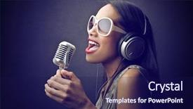  Presentation with microphone - Cool new slide deck with singer - beautiful african woman singing backdrop and a navy blue colored foreground