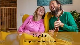  Presentation with living room - Amazing PPT layouts having singing and playing the ukulele backdrop and a gold colored foreground