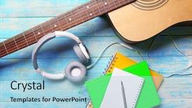  Presentation with blue music - Beautiful slide deck featuring singing music - headphones with guitar and notebook backdrop and a light blue colored foreground
