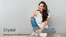  Presentation with joyful - Theme consisting of single - joyful pretty asian woman sitting background and a light gray colored foreground