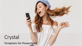  Presentation with photo - Beautiful slides featuring single - photo of attractive joyous woman backdrop and a lemonade colored foreground