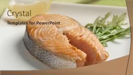  Presentation with salmon dish - PPT theme with single baked salmon steak on a dish background and a coral colored foreground
