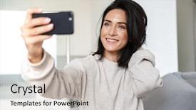  Presentation with cell - Audience pleasing slide deck consisting of single celled - photo of brunette woman 30s backdrop and a light gray colored foreground