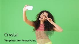  Presentation with photo - Presentation with single celled - photo of charming woman 20s background and a seafoam green colored foreground