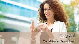  Presentation with phone - Cool new presentation theme with single celled - smiling woman using her mobile backdrop and a coral colored foreground