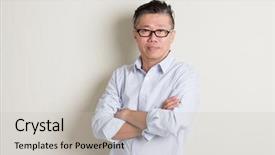  Presentation with five business people standing together and smiling - PPT theme featuring single mature 50s asian man background and a light gray colored foreground