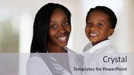  Presentation with living room - Slides having single mother - woman standing in the living background and a light gray colored foreground