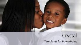  Presentation with woman child - Slide deck having single mother - woman standing in the living background and a sky blue colored foreground