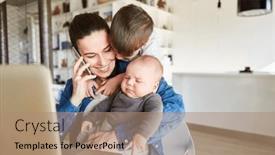  Presentation with home office - PPT theme featuring single-mother-on-the-phone background and a coral colored foreground