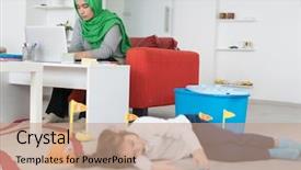  Presentation with working mother - Presentation theme with single muslim mother taking care background and a coral colored foreground