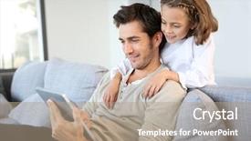  Presentation with man relaxing on massage table - Presentation featuring single parent - man with daughter playing background and a coral colored foreground