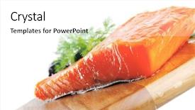  Presentation with salmon dish - Slide set consisting of single pink salmon bit on a big wooden dish with white cheese background and a white colored foreground