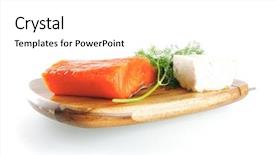  Presentation with salmon dish - Audience pleasing slide set consisting of single pink salmon bit on a big wooden dish with white cheese backdrop and a white colored foreground