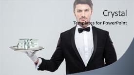  Presentation with catering waiter food event service - Colorful theme enhanced with single server - handsome young waiter in tuxedo backdrop and a light gray colored foreground