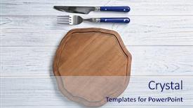  Presentation with server - Audience pleasing PPT theme consisting of single server - wooden board and cutlery set backdrop and a sky blue colored foreground