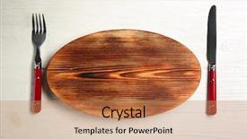  Presentation with wooden - Colorful slide set enhanced with single server - wooden plate fork and knife backdrop and a coral colored foreground