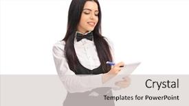  Presentation with column writing - PPT theme featuring single server - young waitress writing background and a  colored foreground